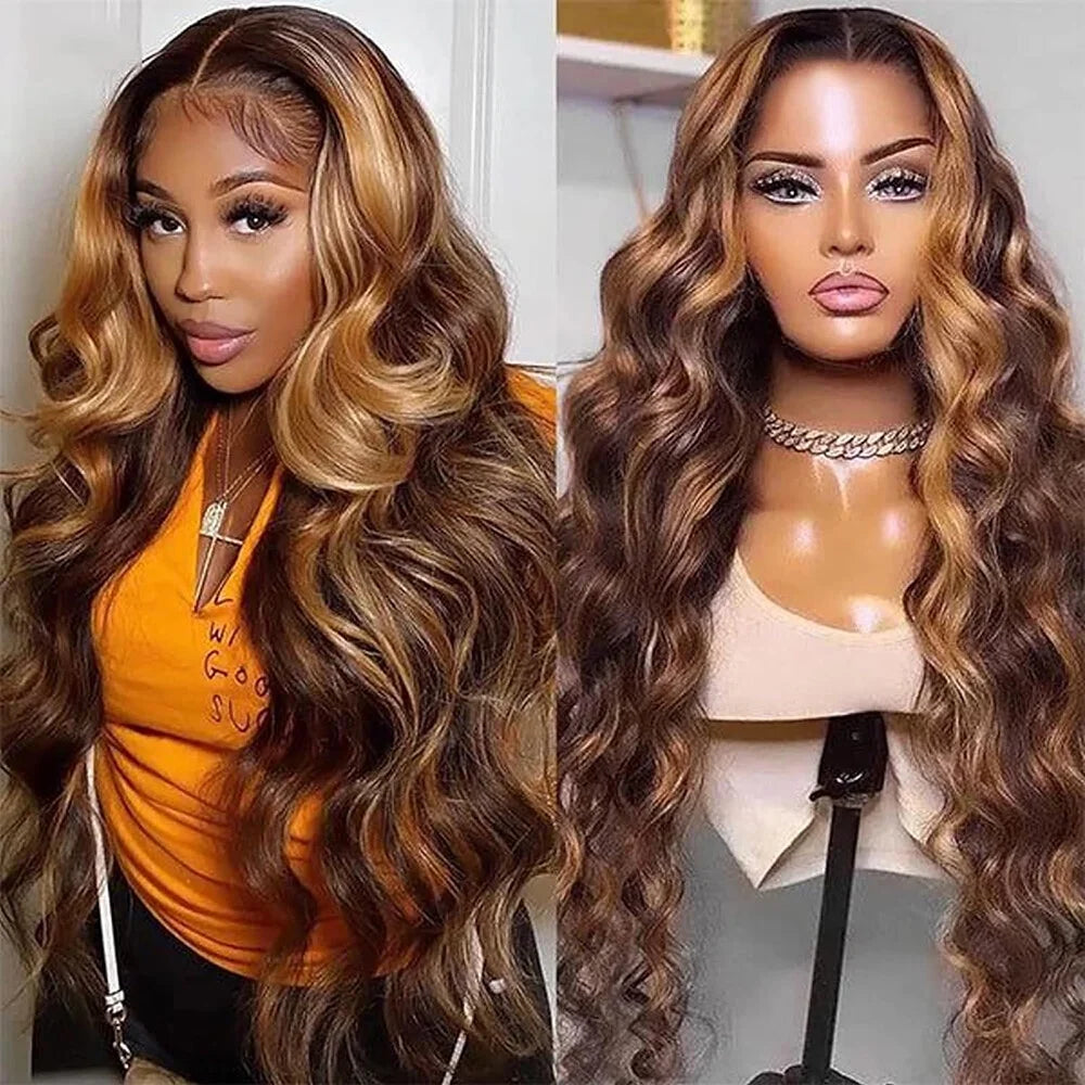 Highlight Ombre Body Wave Lace Front Wig Human Hair 13X4 Frontal Wig Color Highlights Lace Front Wig Brown Blonde Colored Human Hair Wigs for Women Lace Frontal Wigs 180% Density Pre Plucked 28 Inch