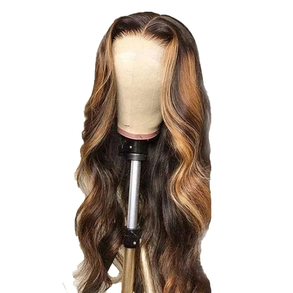 Highlight Ombre Body Wave Lace Front Wig Human Hair 13X4 Frontal Wig Color Highlights Lace Front Wig Brown Blonde Colored Human Hair Wigs for Women Lace Frontal Wigs 180% Density Pre Plucked 28 Inch