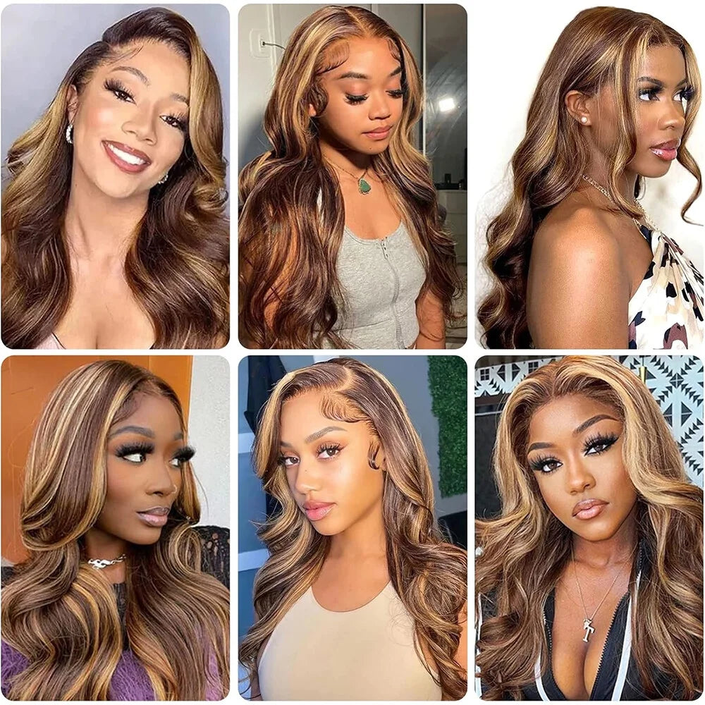 Highlight Ombre Body Wave Lace Front Wig Human Hair 13X4 Frontal Wig Color Highlights Lace Front Wig Brown Blonde Colored Human Hair Wigs for Women Lace Frontal Wigs 180% Density Pre Plucked 28 Inch