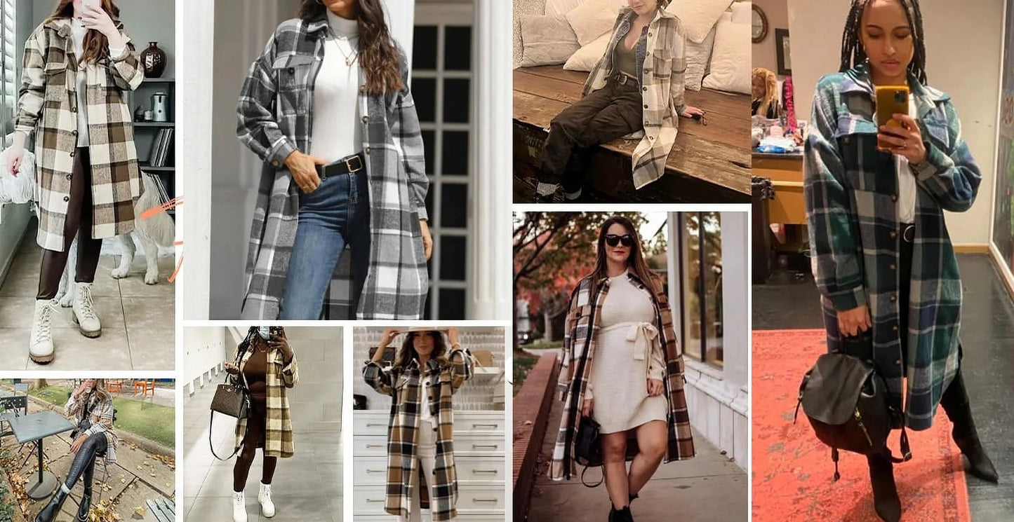 Flannel Shirts for Women Button up Plaid Shirt Long Pocketed Shacket Jacket Coat