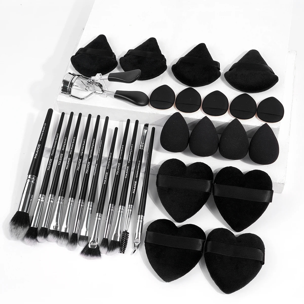 31Pcs Tool Kit 13Pcs Makeup Brush with 8Pcs Powder Puff&4Pcs Drop-Shaped Beauty Blender&Mini Thumb Puff&Eyelash Curler