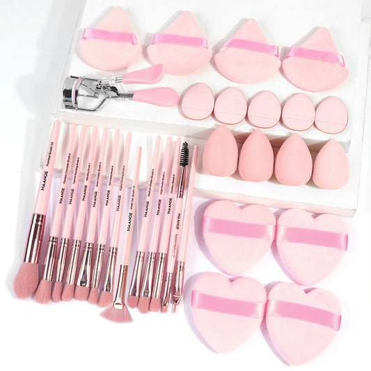 31Pcs Tool Kit 13Pcs Makeup Brush with 8Pcs Powder Puff&4Pcs Drop-Shaped Beauty Blender&Mini Thumb Puff&Eyelash Curler