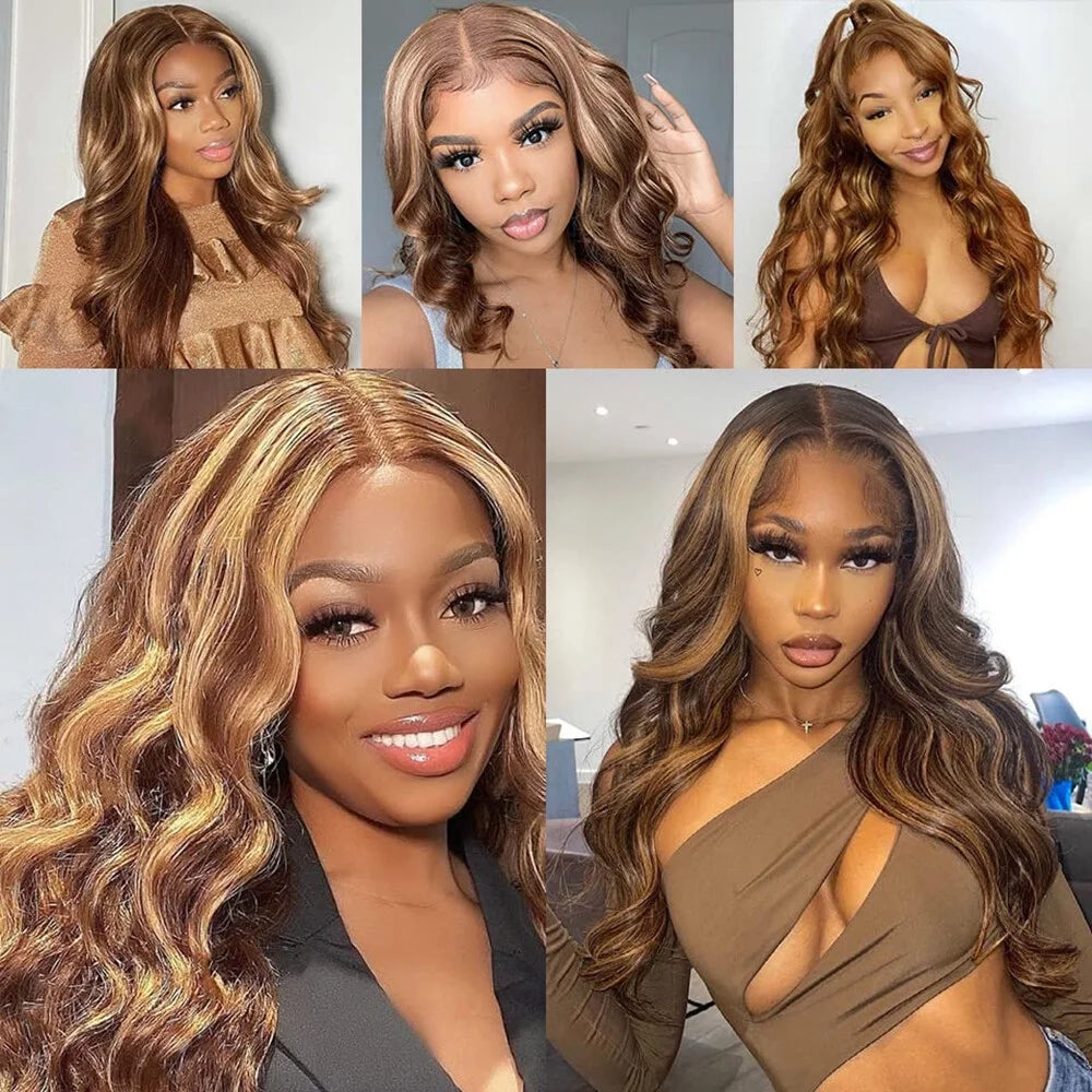 Highlight Ombre Body Wave Lace Front Wig Human Hair 13X4 Frontal Wig Color Highlights Lace Front Wig Brown Blonde Colored Human Hair Wigs for Women Lace Frontal Wigs 180% Density Pre Plucked 28 Inch