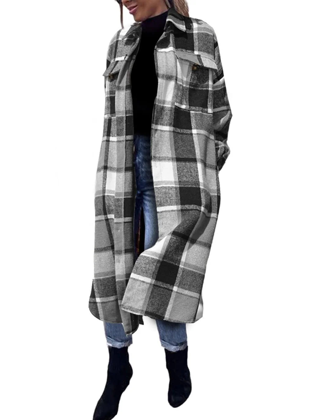 Flannel Shirts for Women Button up Plaid Shirt Long Pocketed Shacket Jacket Coat