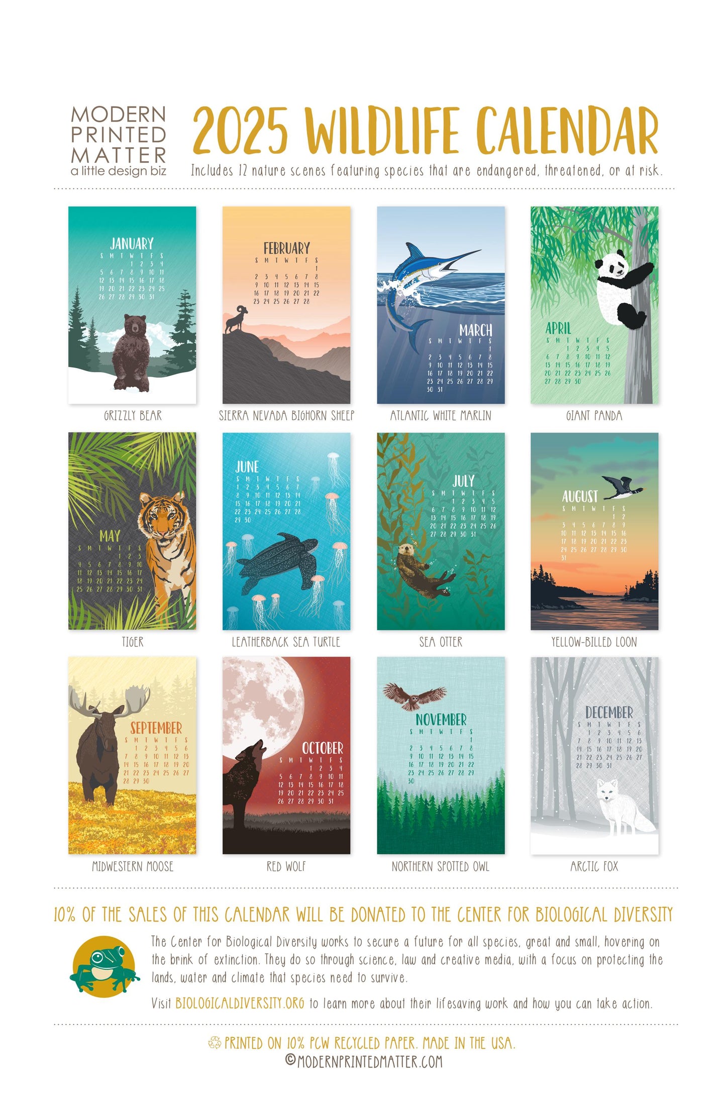 2025 Wall Calendar / Large Wildlife Calendar / Endangered Species